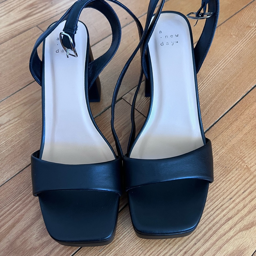 a new day Black Block Heel Square Toe Sandals